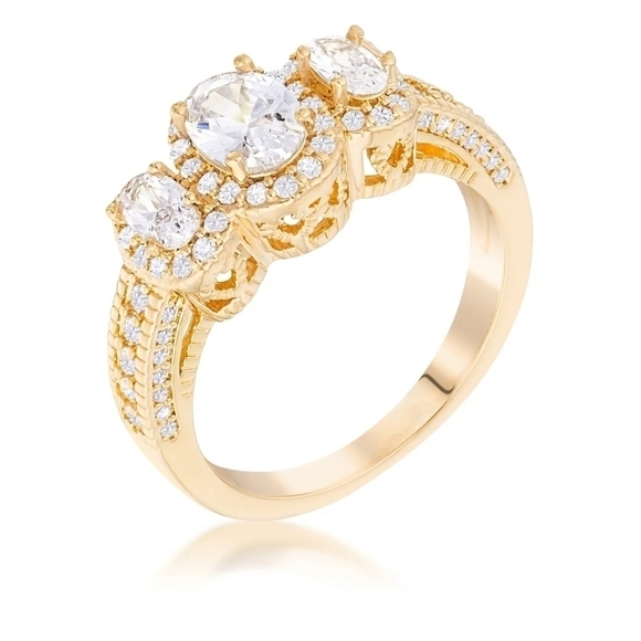 Jewelry - 18K Gold Plated 3-Stone Simulated Diamond Halo Ring, 1.65 Ct, NEW